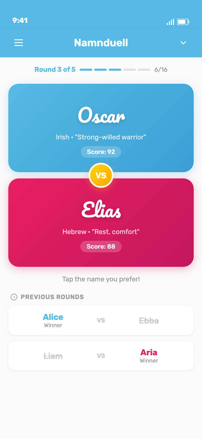 Name battle tournament to find the best baby name through head-to-head matchups